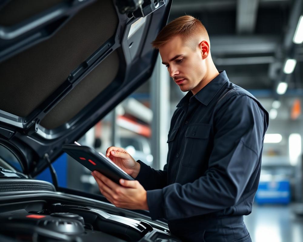 Technician carrying out a diagnostic check on a car engine